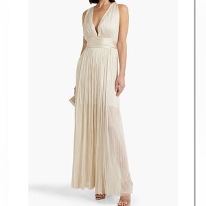 NWT Maria Lucia Hohan Neutral Beige Rayana Plissé Crochet-Knit Silk Midi Gown 42
